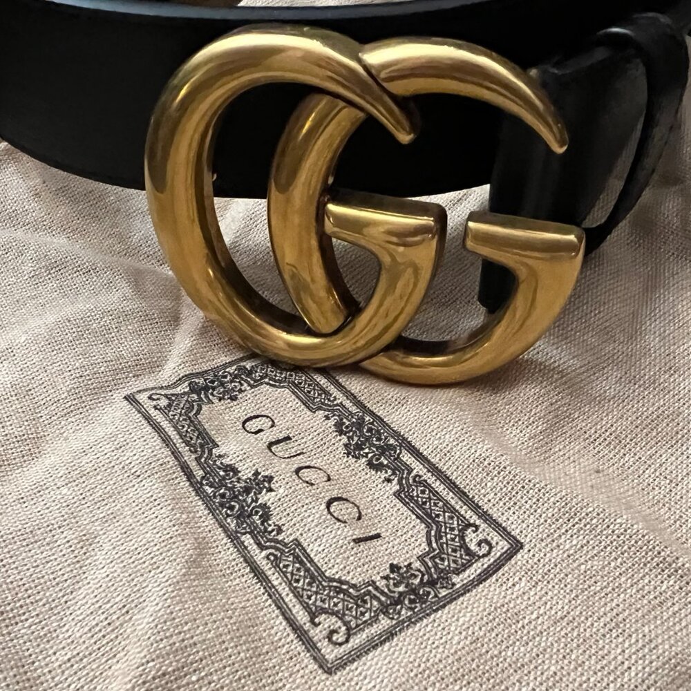 NEW! Authentic GUCCI GG Marmont Wide Leather Belt Black / Gold 90 / (34-35) GG